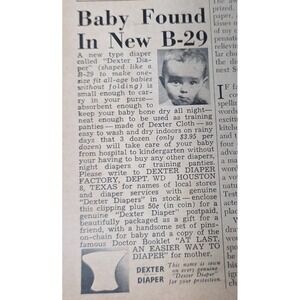 Vintage 1954 Dexter Diaper Print Ad Baby Found In New B-29 Houston Texas Retro